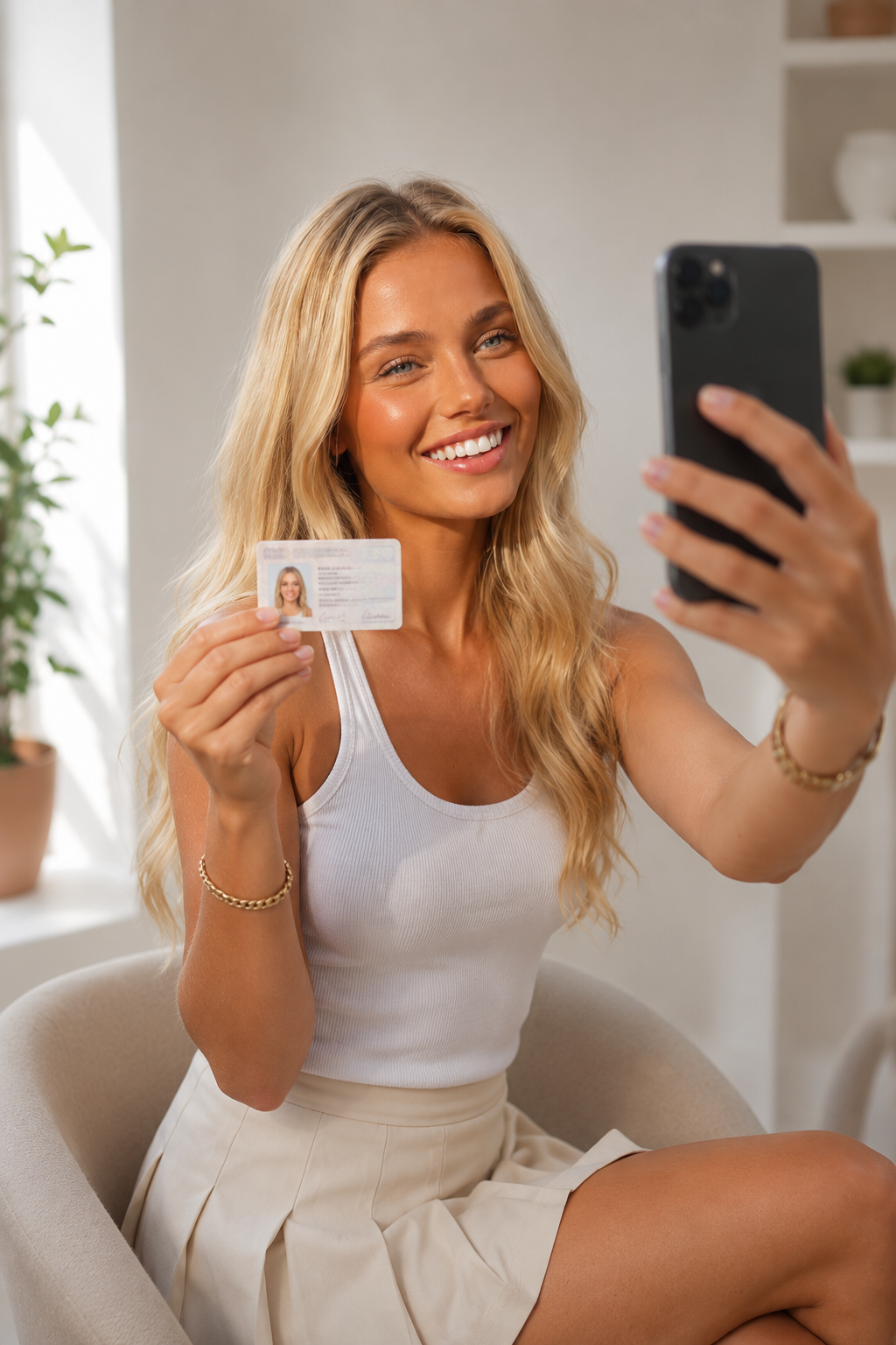A woman holding her government-issued ID up to her phone camera for selfie identity verification.