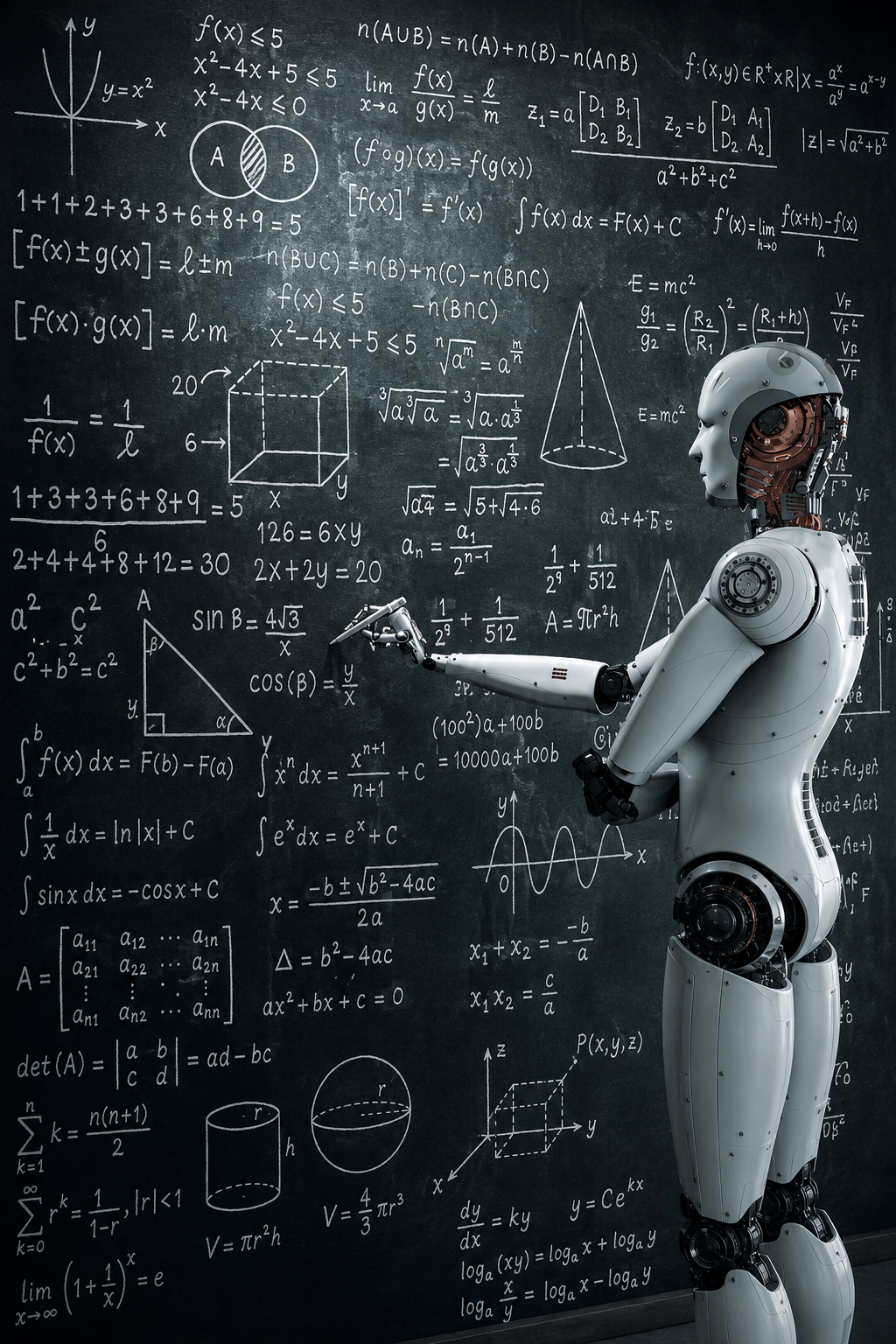 A humanoid robot writing equations on a chalkboard covered in handwritten math formulas.